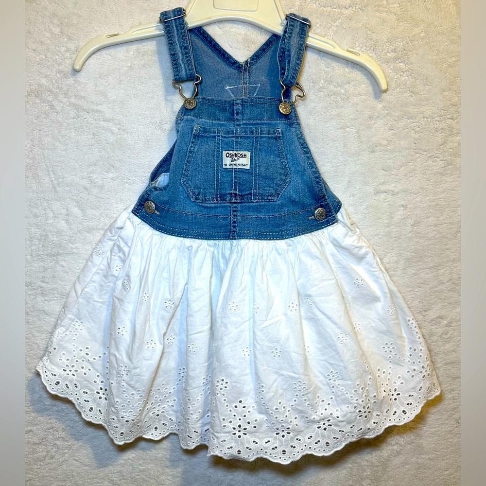 OshKosh B’Gosh girl blue Jean denim overalls top white eyelet full skirt cute 4T